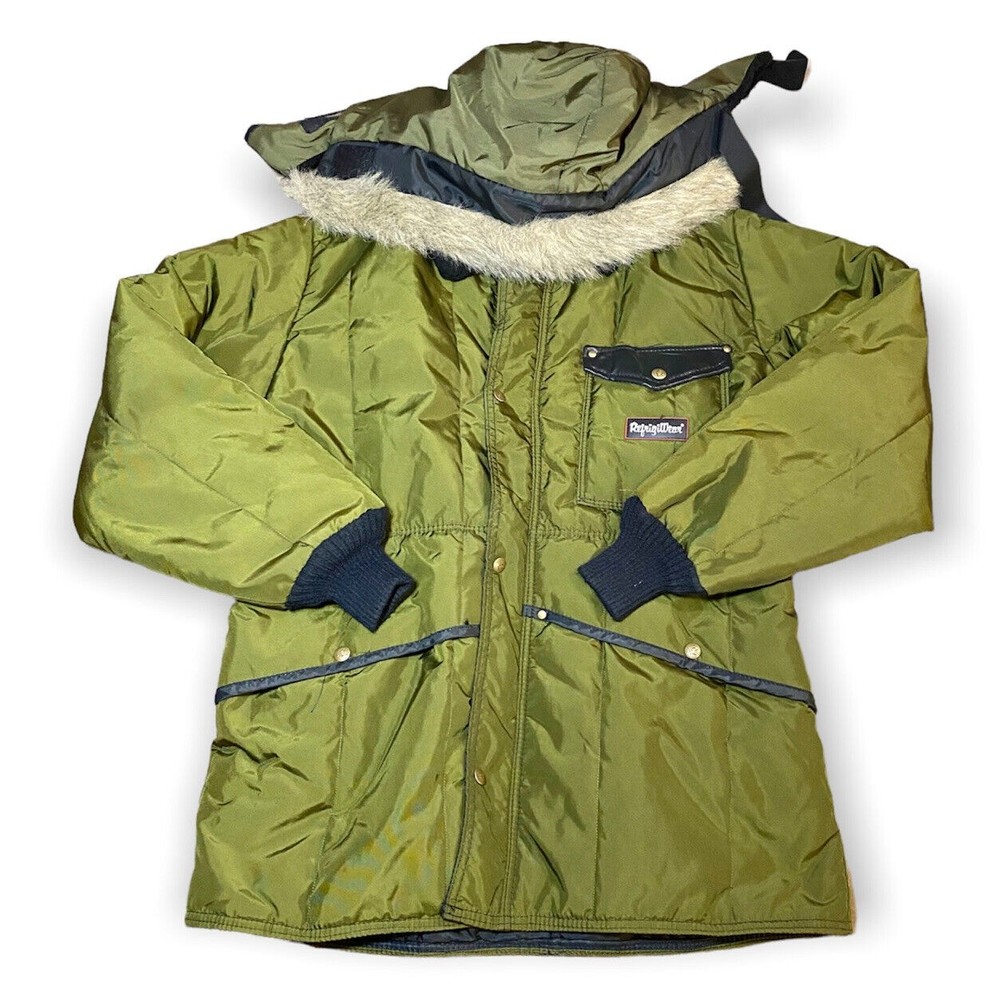 Vtg RefrigiWear Mens Insulated Work Parka Jacket Faux Fur Collar & Hood SZ Large